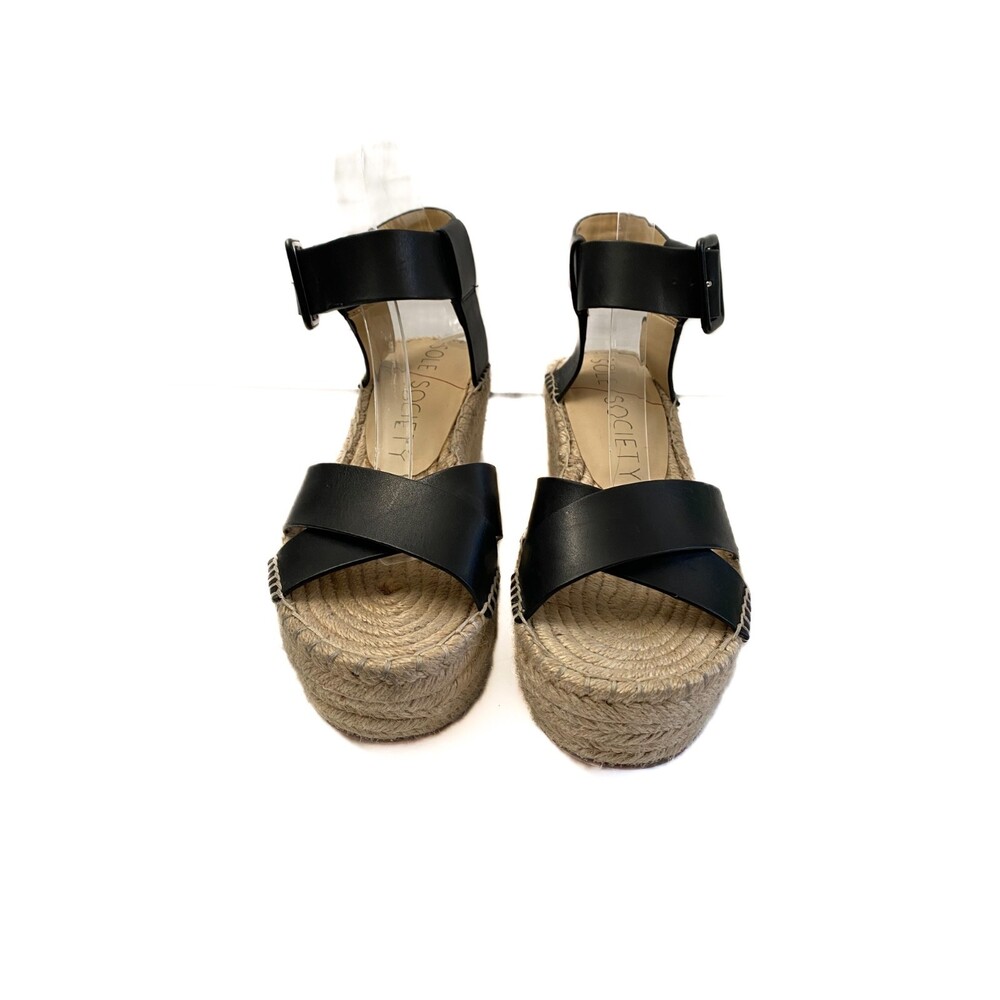 SOLE SOCIETY Audrina Black Leather Espadrille Platform Strappy Sandal Size 7.5